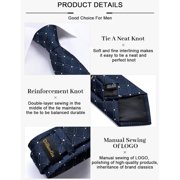 🆕Men Black Plaid Silk Checkered Necktie Pocket Square Cufflinks Tie Clip Set - Picture 5 of 6